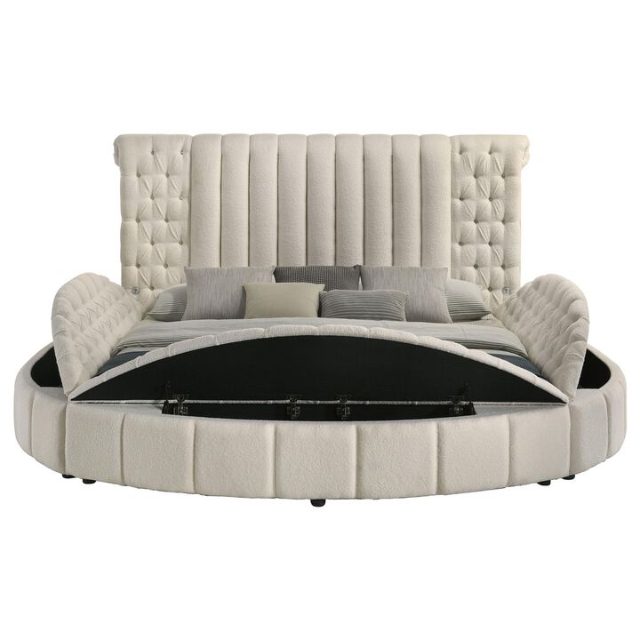 Neya King Round Bed with Storage, Wingback, Ivory Boucle Upholstery - Benzara