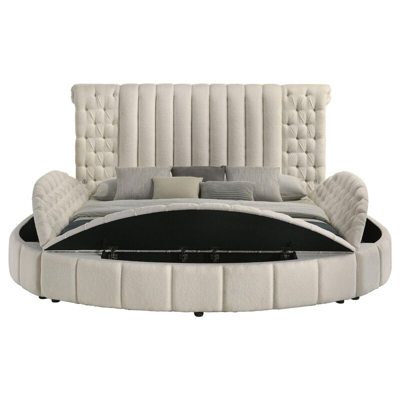 Neya King Round Bed with Storage, Wingback, Ivory Boucle Upholstery - Benzara