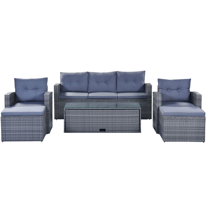 Whisen 6-Pieces All-Weather Wicker PE Rattan Patio Outdoor Dining Conversation Sectional Set with Coffee Table, Ottomans and Removable Cushions