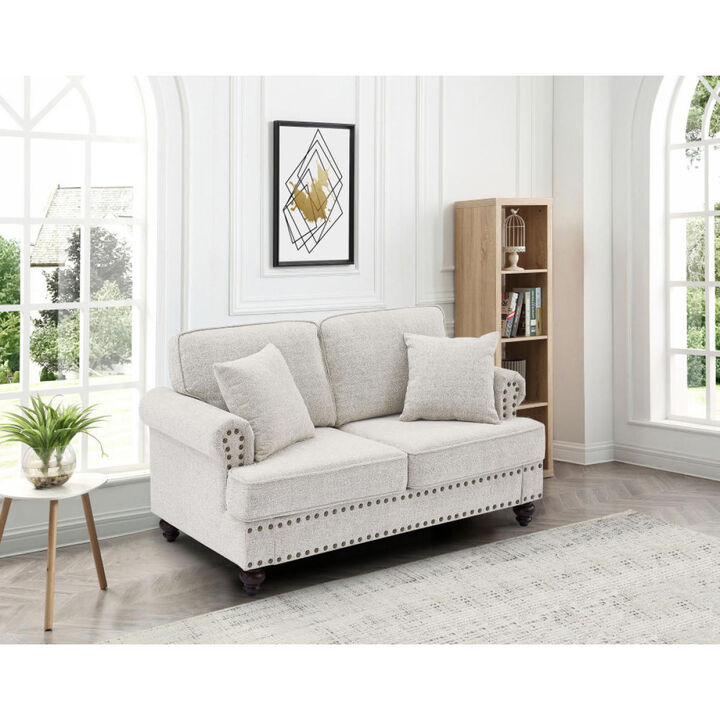61" Chenille Modern Upholstered Sofas Love Seater With Nails And Armrests (White)