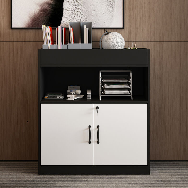 FUFU&GAGA Black & White Bookshelf with 2 Doors, 1 Open Shelf, and 1 Rack, Particle Board Construction with Laminate Finish (31.5" W x 35.4" H x 15.7" D),White