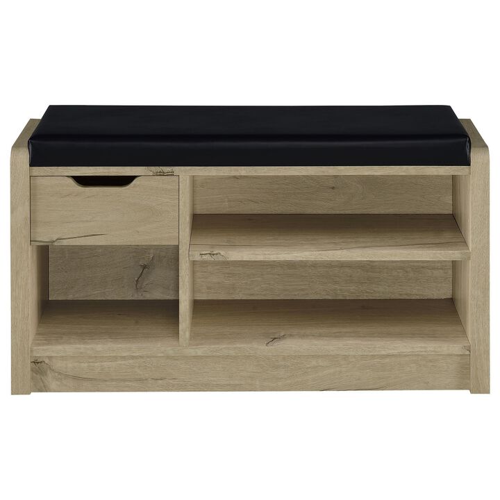 Aryn Storage Bench, Adjustable Shelf, Black Faux Leather, Oak Brown - Benzara