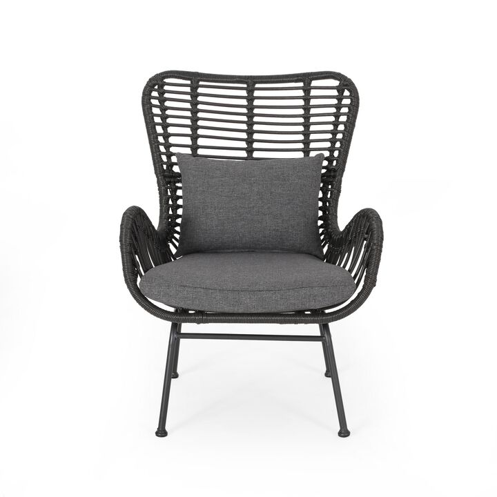 Slay Outdoor Accent Chair Set of 2, 25 Inch, Gray Woven Rattan, Iron Legs - Benzara