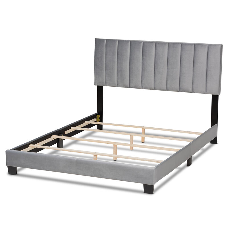 Baxton Studio Clare Velvet Upholstered Queen Size Panel Bed with Channel Tufted Headboard