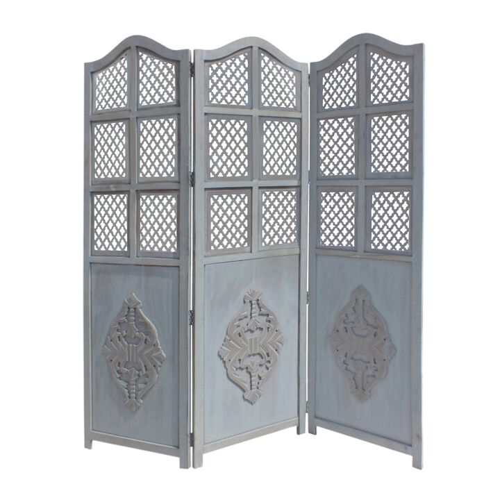 Three Panel Wooden Room Divider with Traditional Carvings and Cutouts, Blue-Benzara