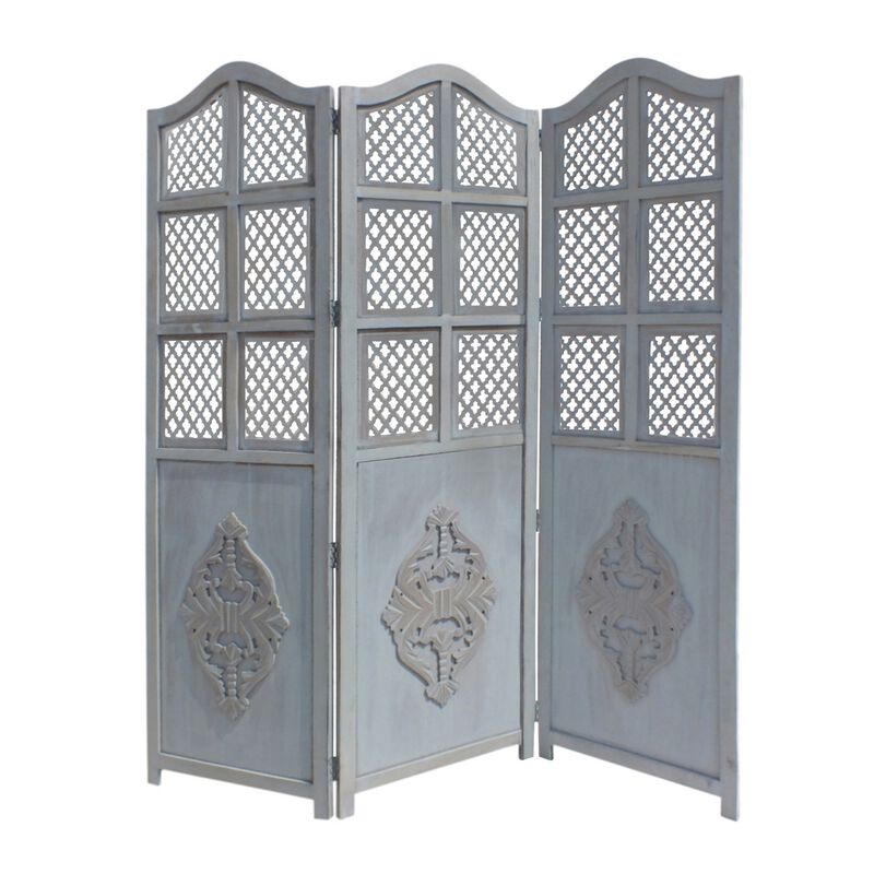 Three Panel Wooden Room Divider with Traditional Carvings and Cutouts, Blue-Benzara