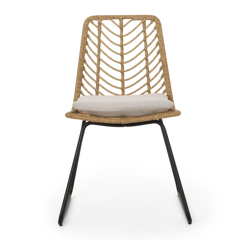 Side Dining Chair Set of 2, Black Metal, White Fabric, Brown Wicker Rattan - Benzara