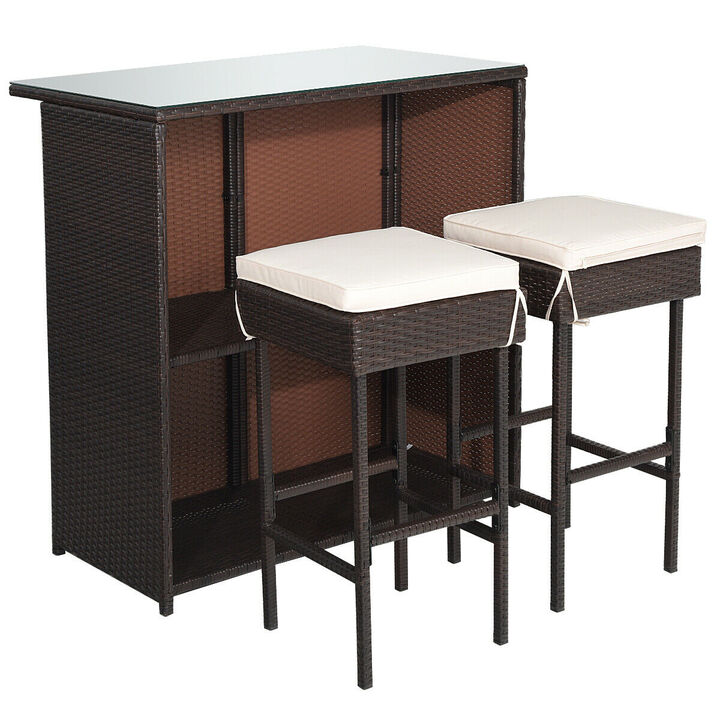 3PCS Patio Rattan Wicker Bar Table Stools Dining Set