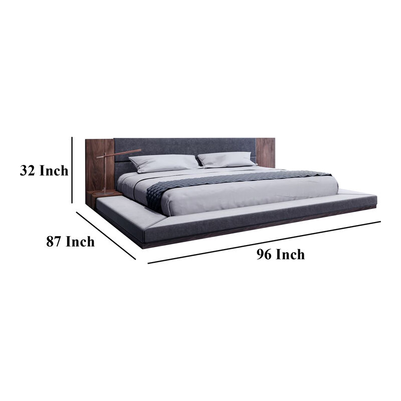 Noe Zen Japanese Low Profile Queen Bed w Nightstand, Dark Gray, Walnut - Benzara