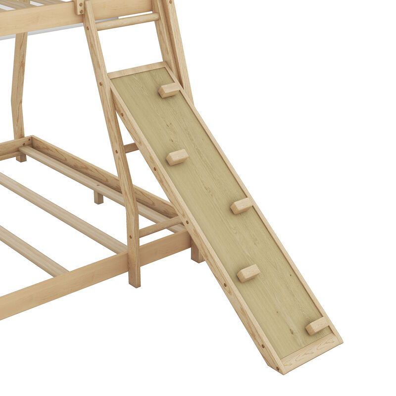 Twin Over Queen House Bunk Bed With Climbing Nets And Climbing Ramp, Natural