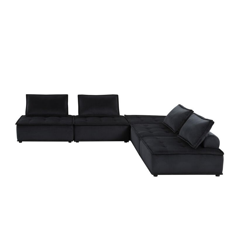 Alaya 120 Inch Tufted 5 Piece Sectional Sofa, Back Cushions, Black Velvet - Benzara
