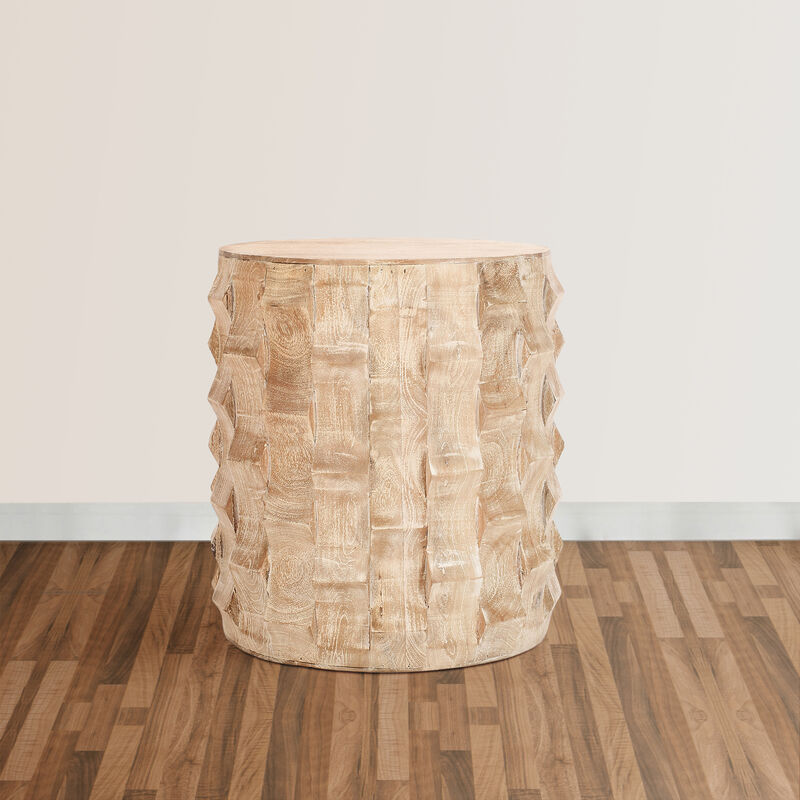 20 Inch Side End Table, Round Drum Shape with 3D Textured Design, Distressed White Finish - Benzara