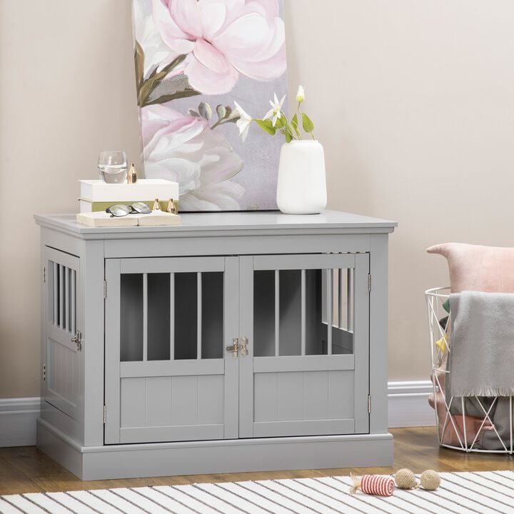 Pewter Gray Pet Furniture: Wooden Dog Crate End Table with 3 Doors