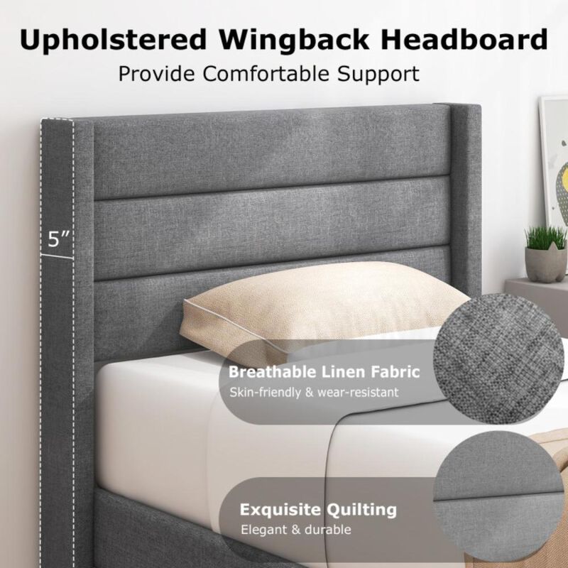 Hivvago Linen Upholstered Platform Bed Frame with Wingback Headboard