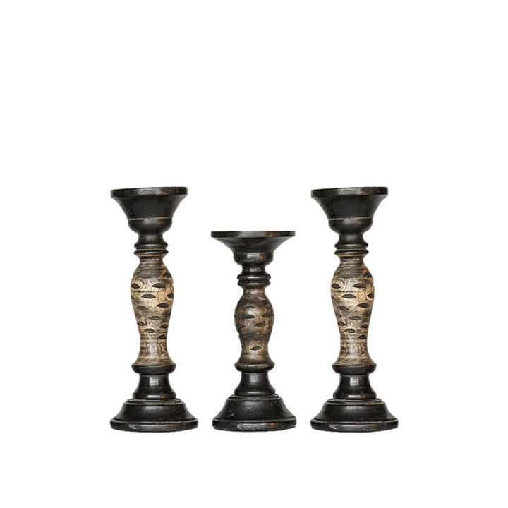 Traditional Dark Polish Eco-friendly Handmade Mango Wood Set Of Three 12",9" & 12" Pillar Candle Holder BBH Homes