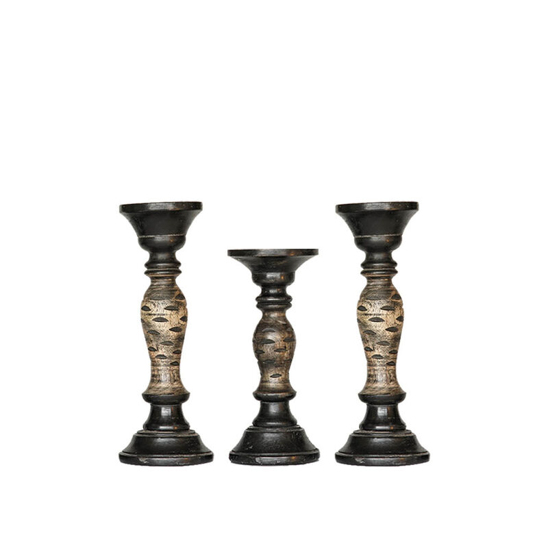 Traditional Dark Polish Eco-friendly Handmade Mango Wood Set Of Three 12",9" & 12" Pillar Candle Holder BBH Homes