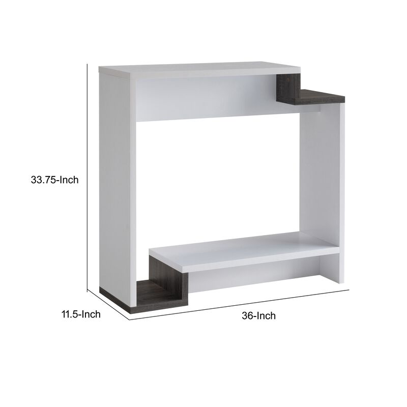 36 Inch Modern Console Table, Multilevel Wood Shelves, Gray and White-Benzara