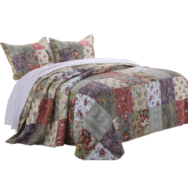 Chicago 3 Piece Fabric King Bedspread Set with Jacobean Prints, Multicolor - Benzara