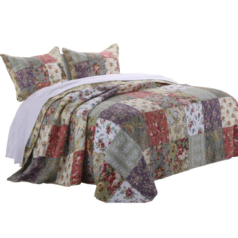 Chicago 3 Piece Fabric Full Bedspread Set with Jacobean Prints, Multicolor - Benzara