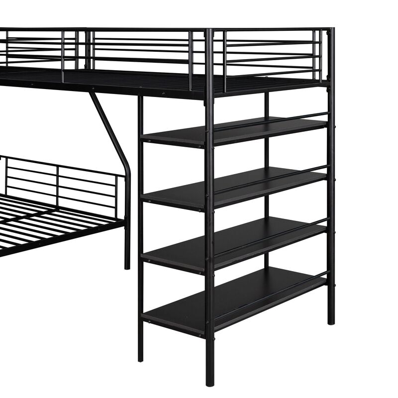 L-Shaped Twin over Full Bunk Bed for Kids with Twin Loft, Built-in Shelves, Full-Length Guardrail, Ladder, Black