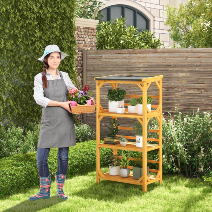 Hivvago 3-Tier Wooden Plant Stand with Weatherproof Asphalt Roof for Patio-Natural