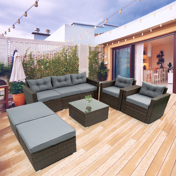 6 Piece Patio Rattan Wicker Outdoor Furniture Conversation Sofa Set With Removable Cushions