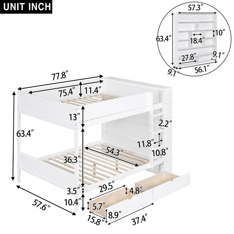Full Over Full Bunk Bed With 2 Drawers And Multilayer Cabinet, White