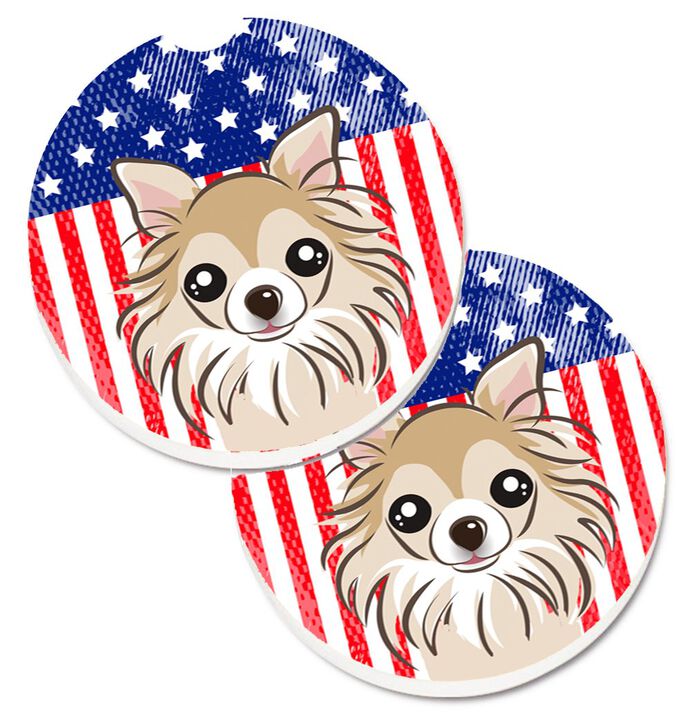 Caroline's Treasures American Flag & Chihuahua Set of 2 Cup Holder Car Coasters BB2181CARC, 2.56, Multicolor