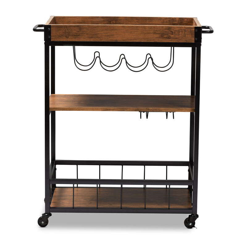 Baxton Studio Cerne Rustic Oak Brown Mobile Metal Bar Cart with Wine Bottle Rack