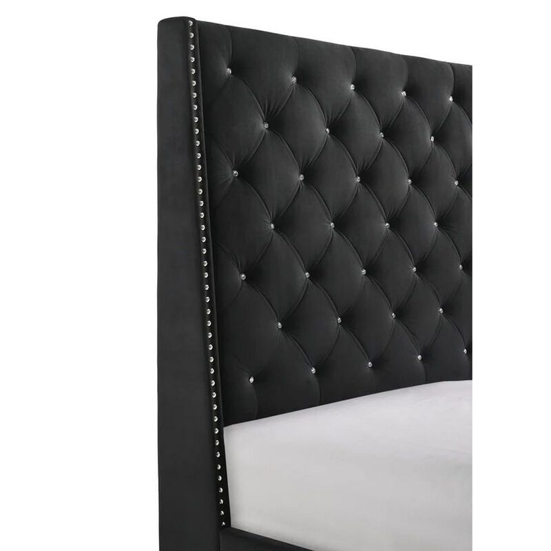Benjara Maze King Size Bed, Button Tufted, Nailhead Trim, Black Fabric Upholstery