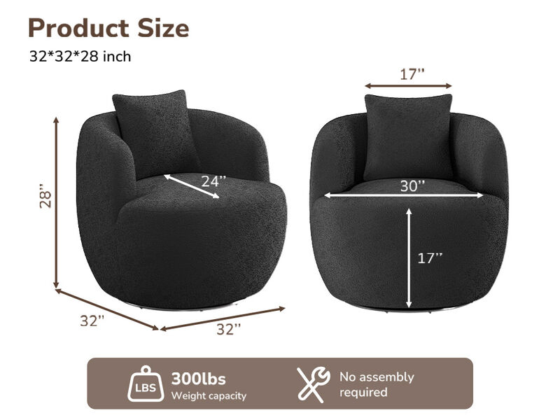 BELLEZE Wide Swivel Barrel Chair, Modern Round Boucle Swivel Armchair Curved Backrest Upholstered 360�Swivel Sofa Accent Chair with Pillow, Comfy Swivel Accent Chair for Living Room -Francisco (Black)