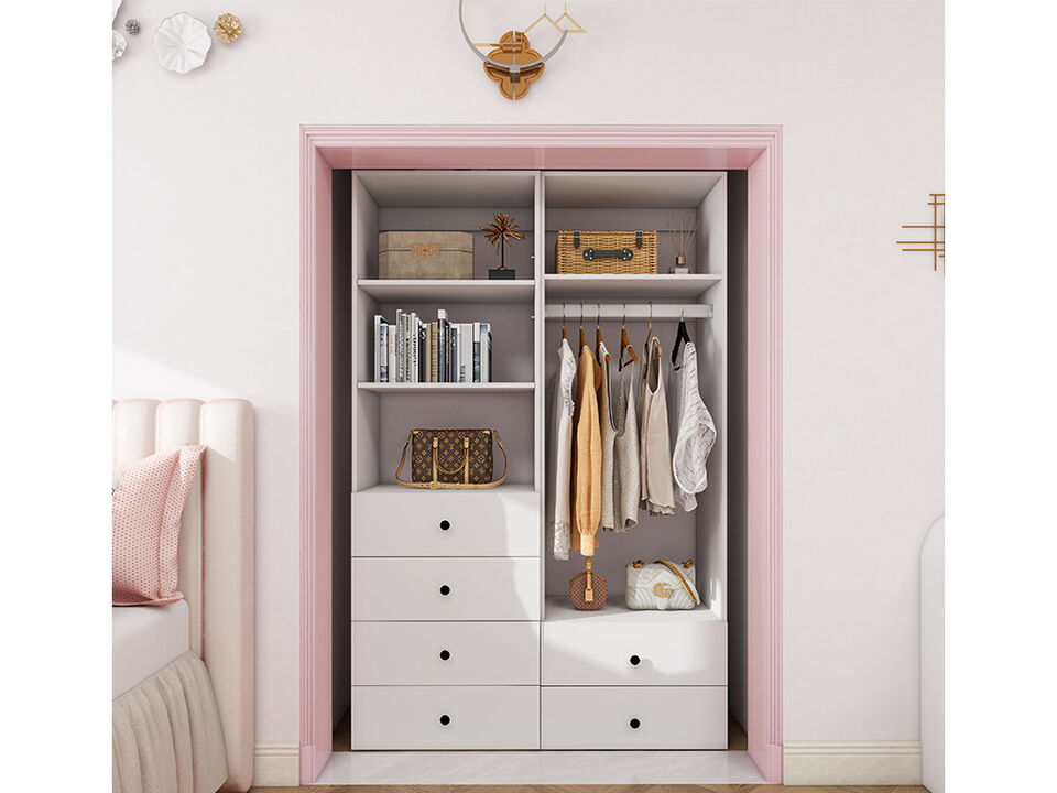 Clothes Organizer with Closet Shelves Wall Mounted, Wardrobe Closet Organizer System, Closet System with 6 Drawers, Wooden Walk in Closet Organizers and Storage,White