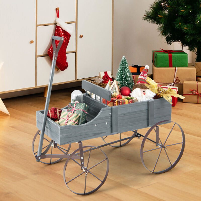 Wooden Wagon Plant Bed With Wheel for Garden Yard