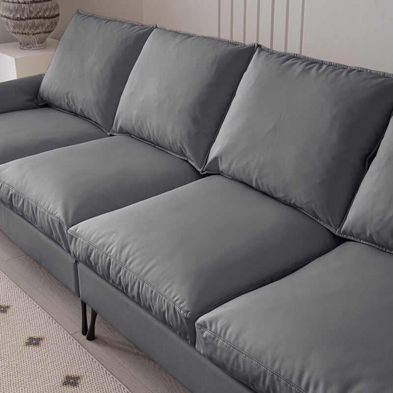 Technical Leather L-Shaped Sectional Sofa with Convertible Ottoman, Modern Couch for Living Room