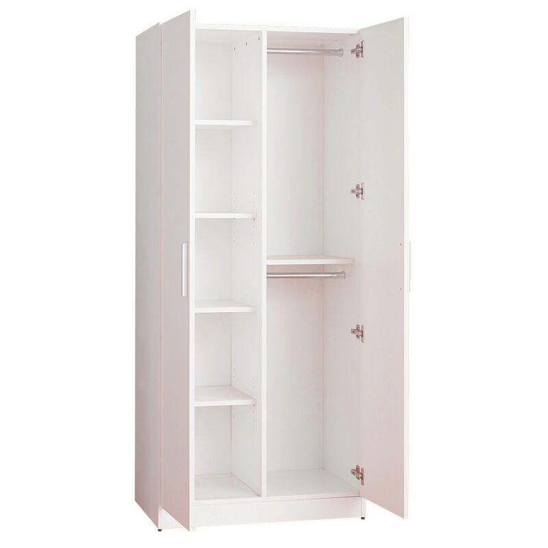 Avy Standing Closet with 2 Hanging Bar and 5 Shelves, Double Door, White - Benzara