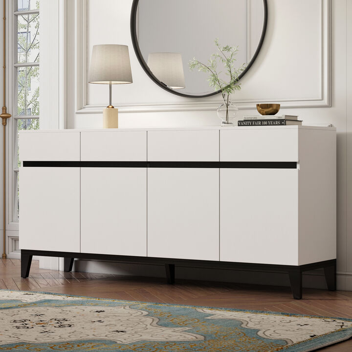 Sideboard Buffet Storage Cabinet with Doors and 4 Drawers, Kitchen Cupboard Cabinet with Adjustable Shelves in White