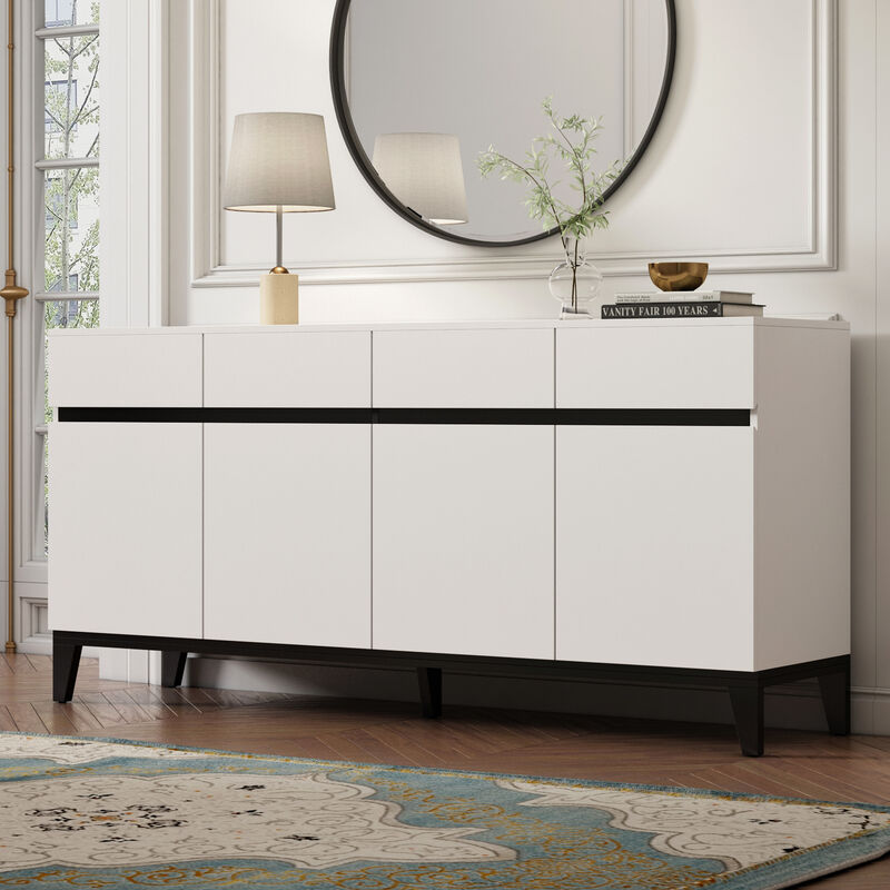 Sideboard Buffet Storage Cabinet with Doors and 4 Drawers, Kitchen Cupboard Cabinet with Adjustable Shelves in White