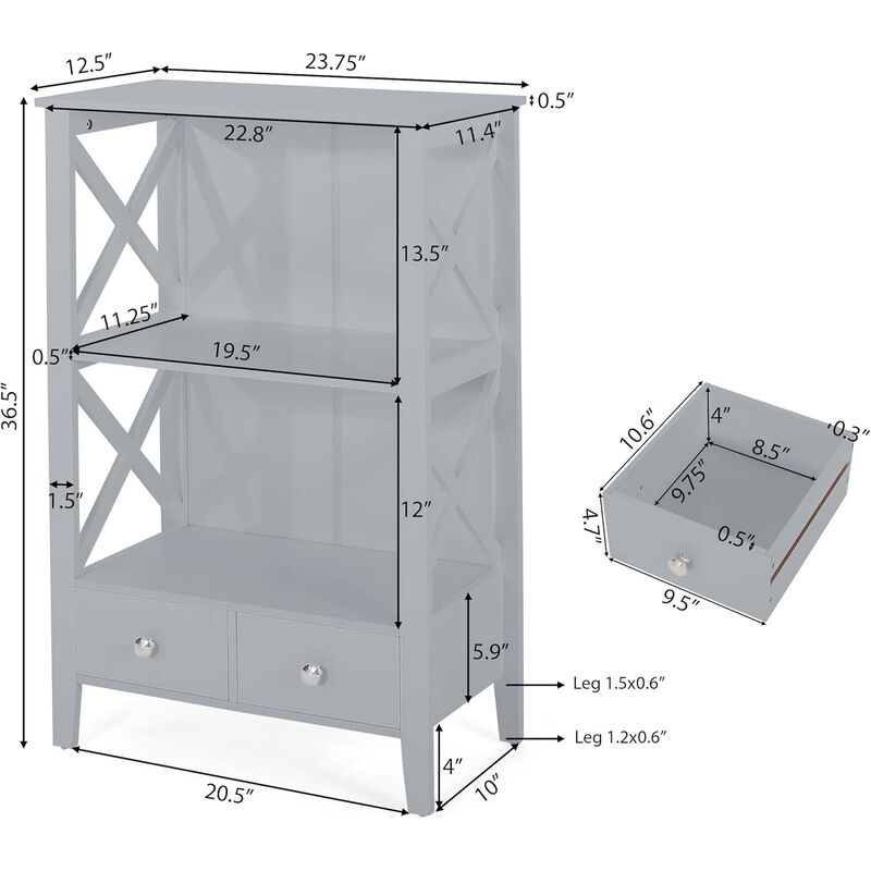 Veny Bathroom Linen Storage Rack, 24 x 36, 2 Shelves, 2 Drawers, Gray - Benzara