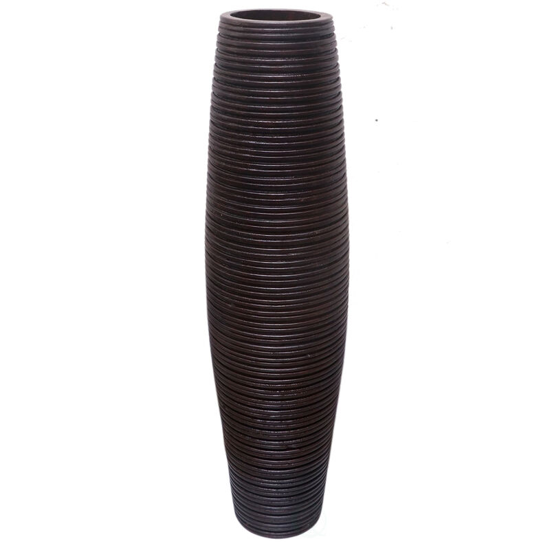 Brown Decorative Contemporary Mango Wood Ribbed Design Round Floor Vase, 31 Inch
