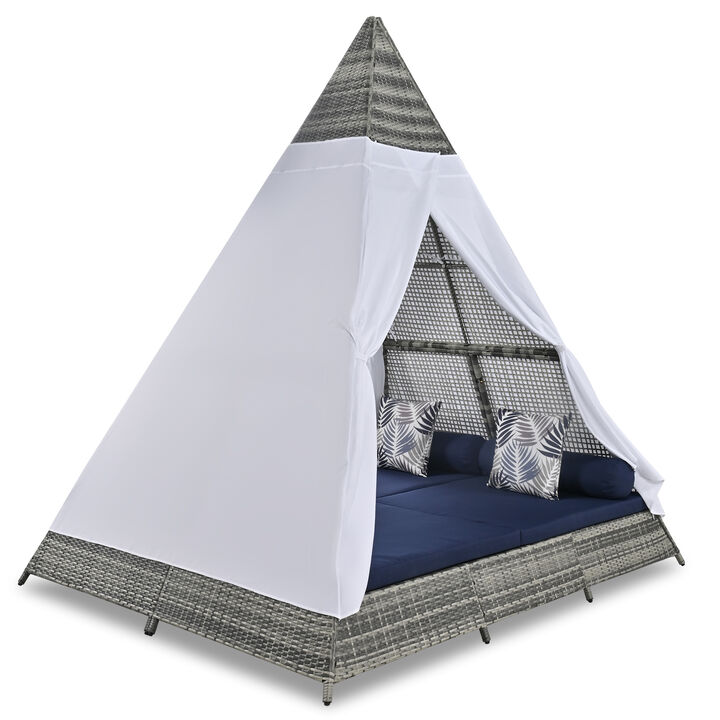 Whisen Outdoor Sunbed With Colorful Pillows, Tent Shape Wicker Patio Daybed With Cushions