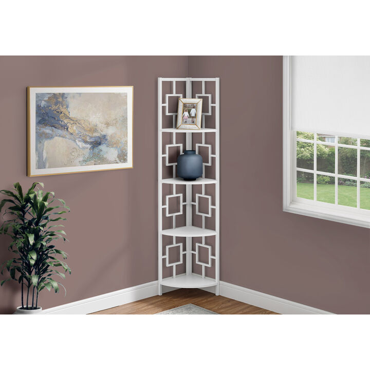 Monarch Specialties I 3613 Bookshelf, Bookcase, Etagere, Corner, 4 Tier, 62"H, Office, Bedroom, Metal, Laminate, White, Contemporary, Modern