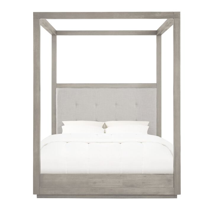 Kim Upholstered Solid Acacia Wood Platform Canopy Queen Bed, Heather Gray - Benzara