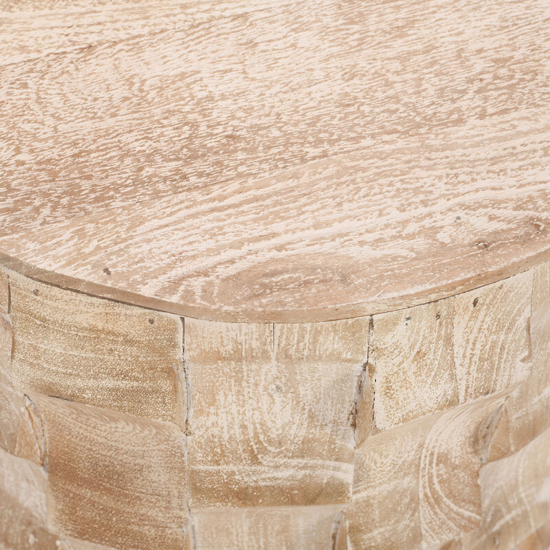 20 Inch Side End Table, Round Drum Shape with 3D Textured Design, Distressed White Finish - Benzara