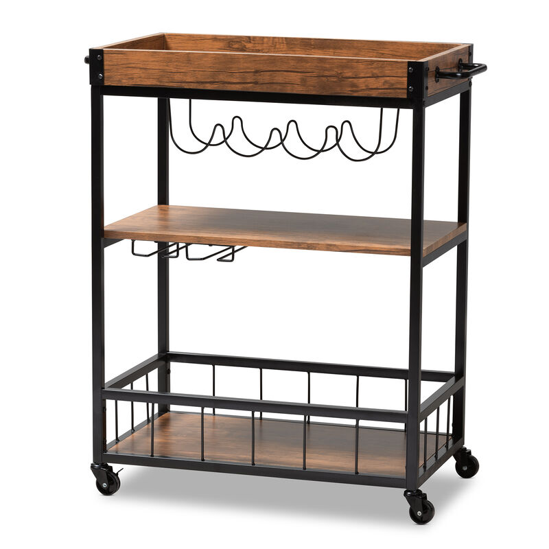 Baxton Studio Cerne Rustic Oak Brown Mobile Metal Bar Cart with Wine Bottle Rack