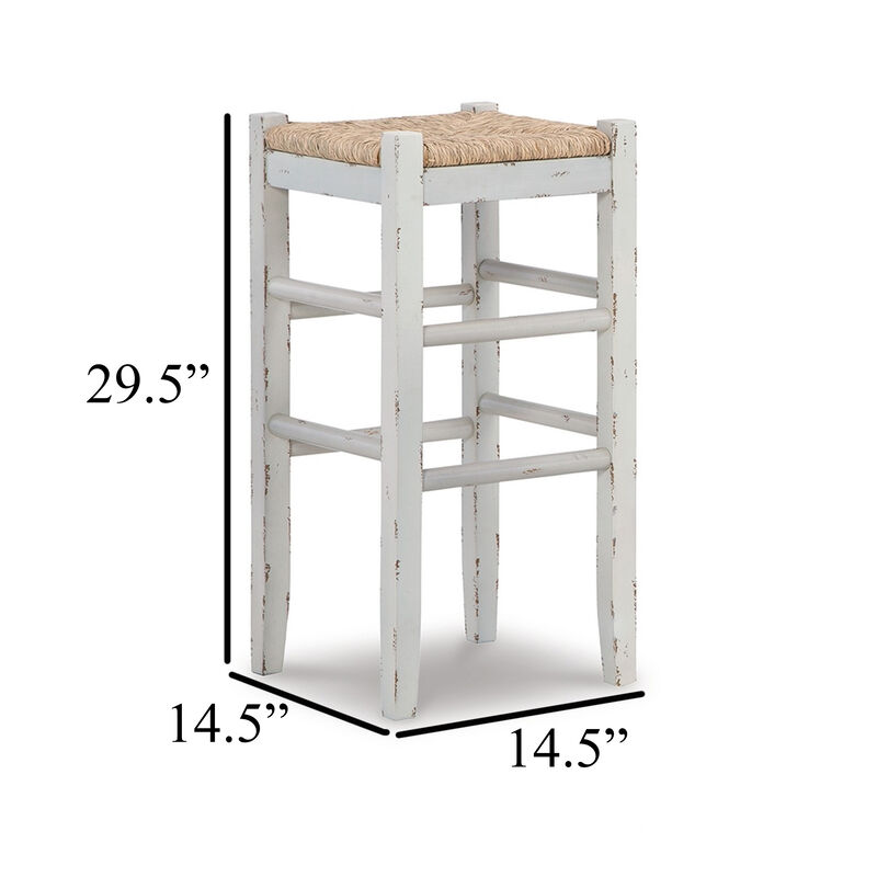 Anya Bar Height Stool Set of 2, Brown Woven Seat, 30 Inch Rustic White - Benzara