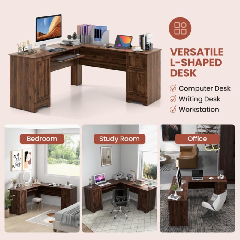 Hivvago L-Shaped Office Desk with Storage Drawers and Keyboard Tray