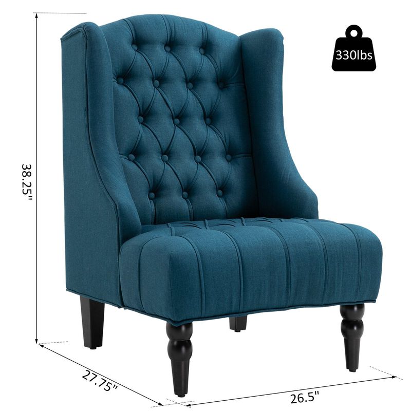 Dark Blue Wingback Beauty: Tufted Linen Accent Chair with Wooden Legs