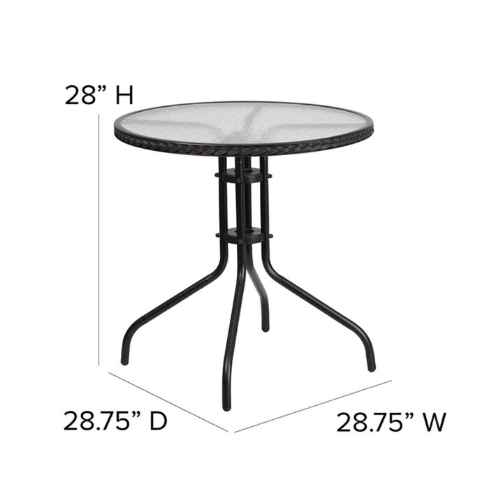 Flash Furniture Lila 28'' Round Glass Metal Table with Black Rattan Edging and 2 Black Rattan Stack Chairs
