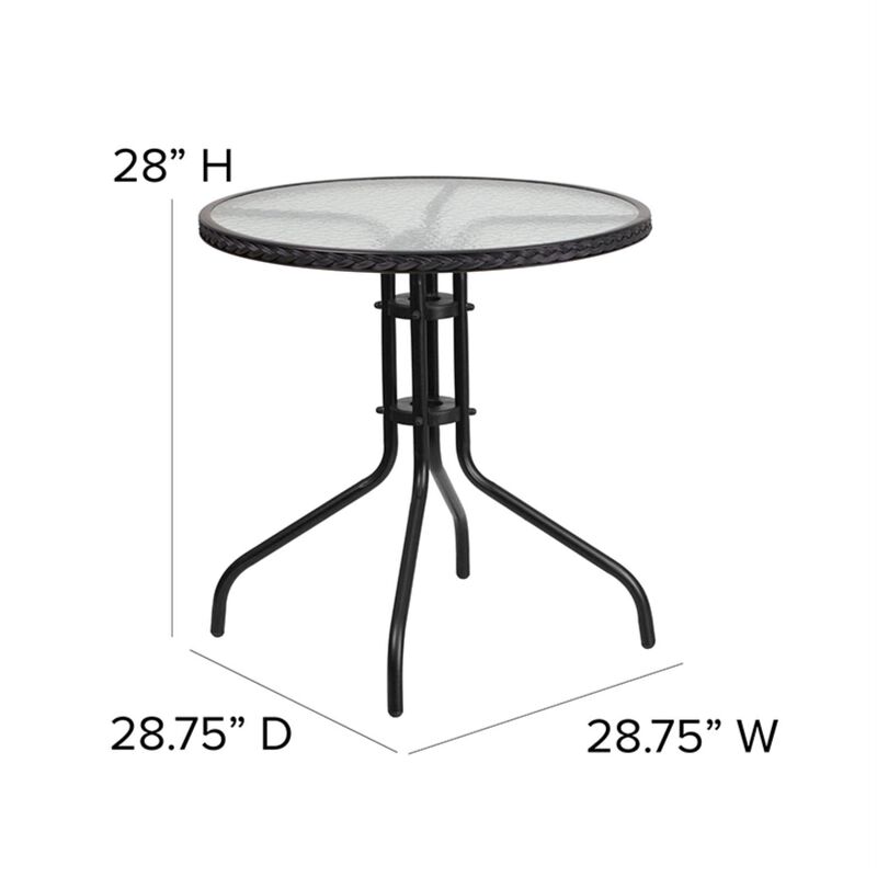 Flash Furniture Lila 28'' Round Glass Metal Table with Black Rattan Edging and 2 Black Rattan Stack Chairs