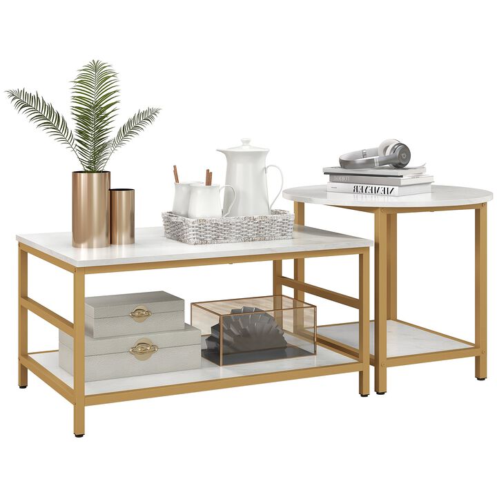 White Living Room Set: Coffee Tables with Faux Marble Top & Storage